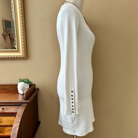 ENZA COSTA Button Cuff Mini Dress Winter White Long Sleeve Ribbed Sweater Size M - Picture 6 of 7